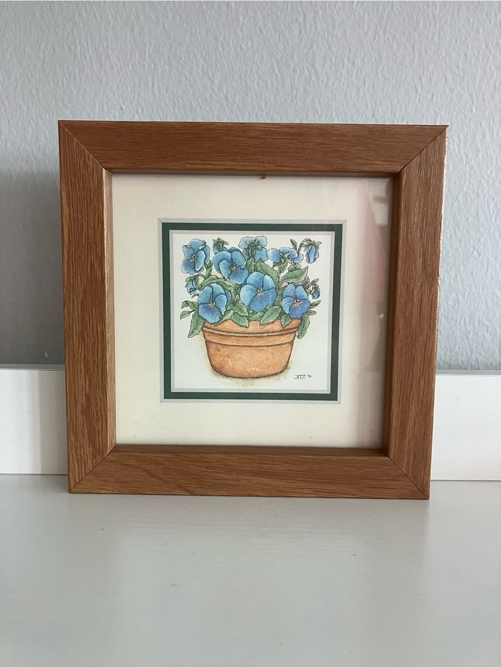 Framed Floral Art Print with Blue Pansies